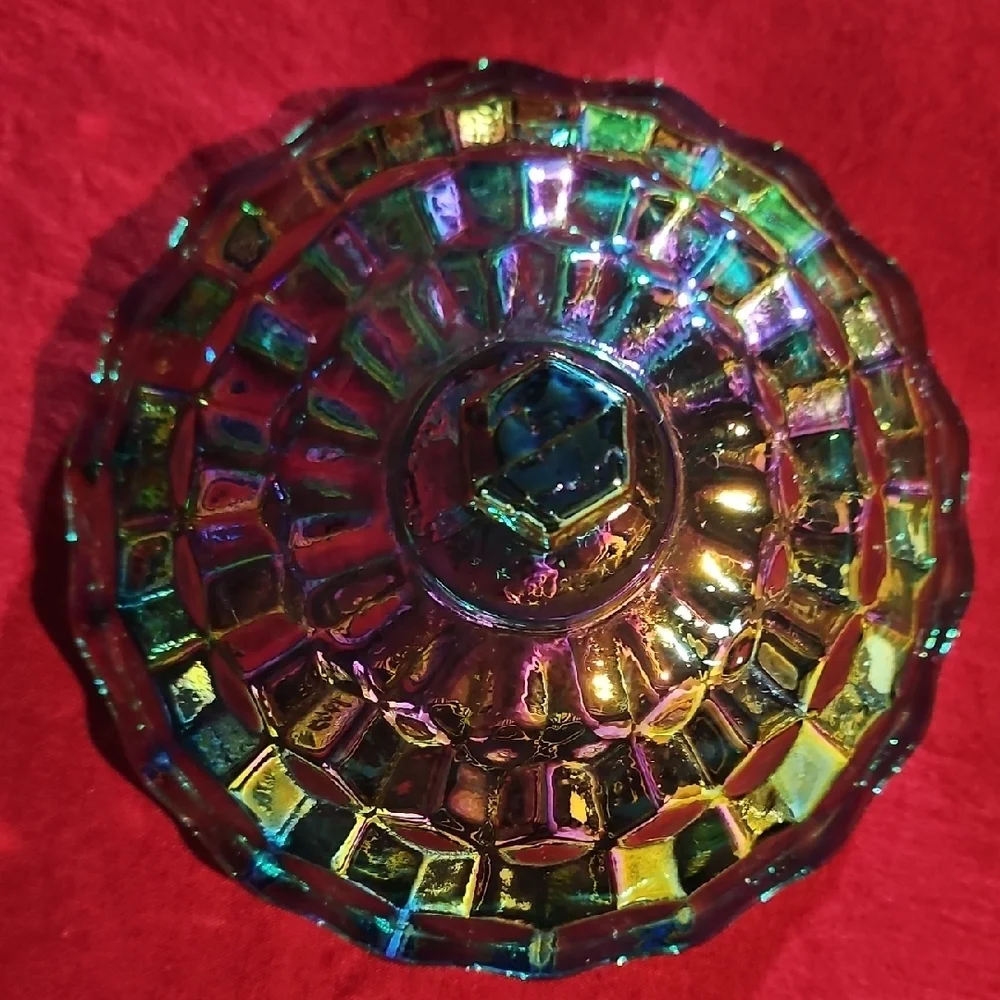 Indiana Glass Whitehall American Peacock Iridescent Carnival Cubist Covered Dish